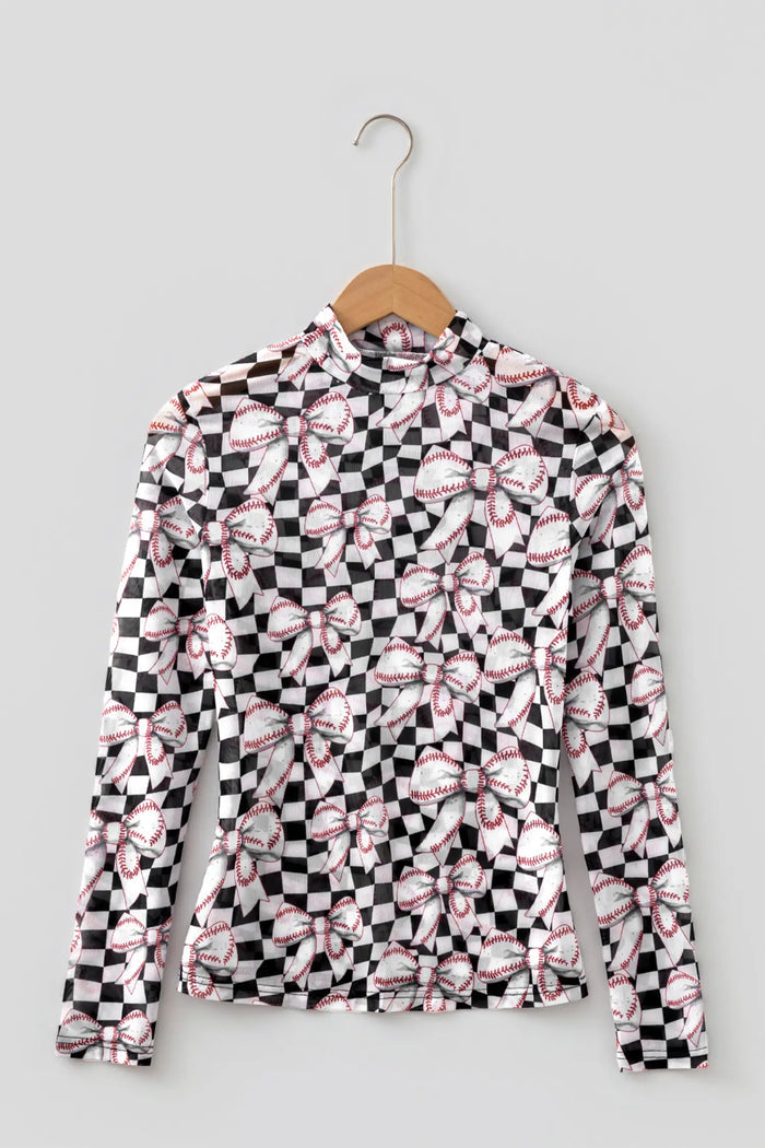 Checkered Baseball Bow Print High Neck Long Sleeve Mesh Top – Black
