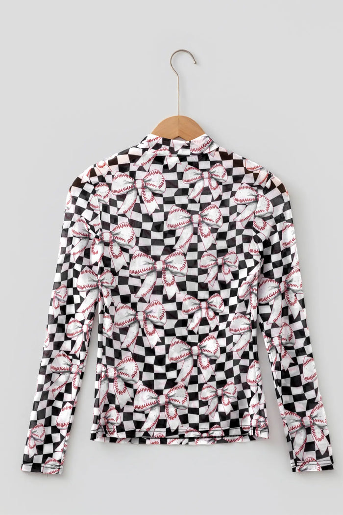 Checkered Baseball Bow Print High Neck Long Sleeve Mesh Top – Black
