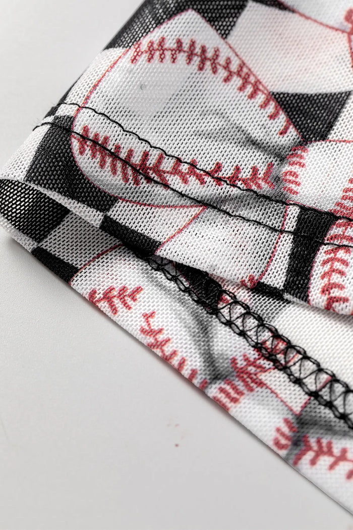 Checkered Baseball Bow Print High Neck Long Sleeve Mesh Top – Black