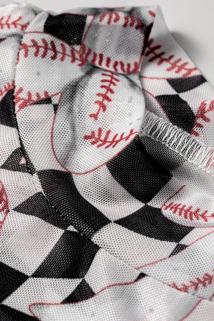 Checkered Baseball Bow Print High Neck Long Sleeve Mesh Top – Black