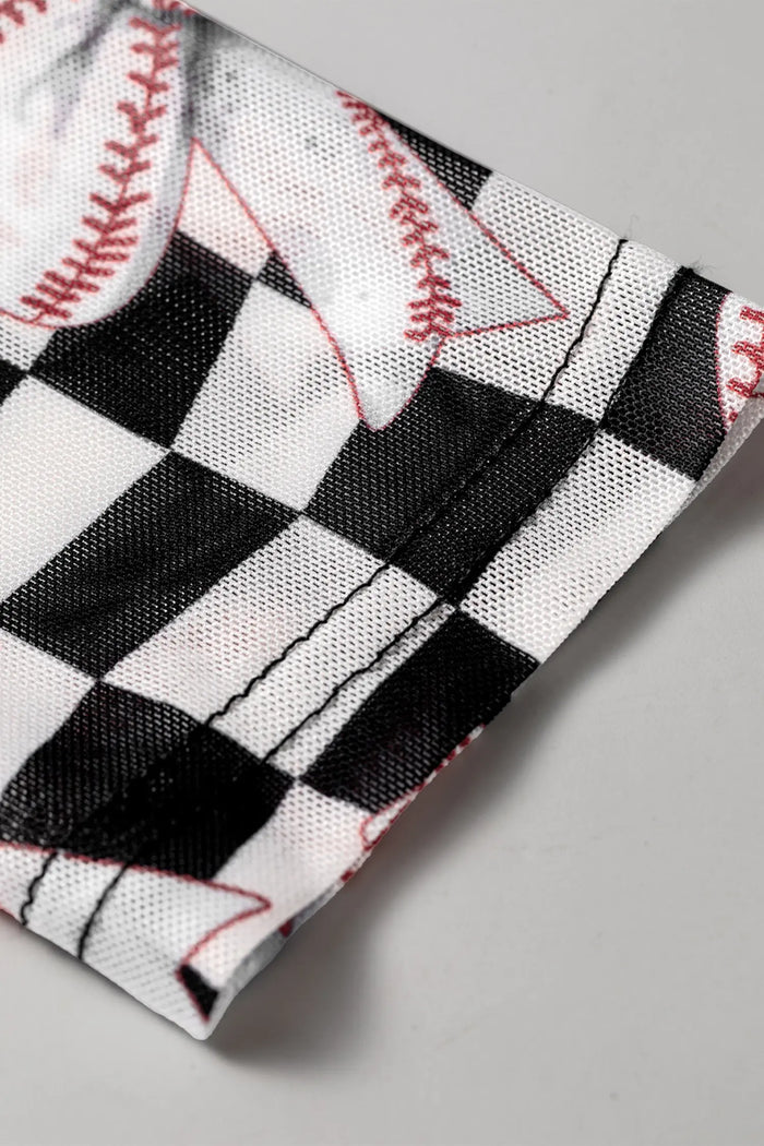 Checkered Baseball Bow Print High Neck Long Sleeve Mesh Top – Black