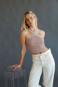 nude criss cross alter tank - beige ribbed knit crop top - aritzia dupe tank top