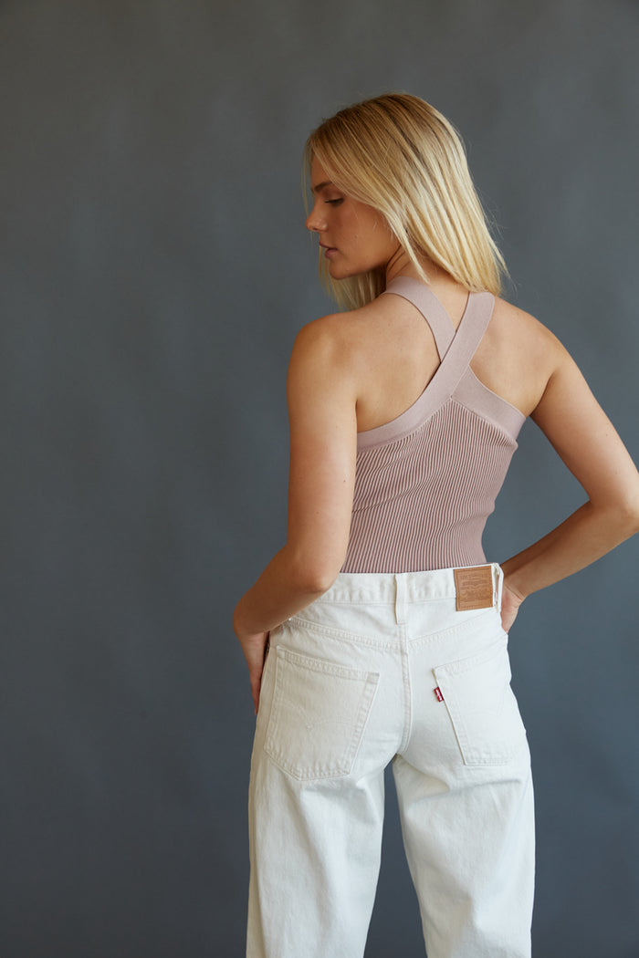 nude criss cross alter tank - beige ribbed knit crop top - aritzia dupe tank top