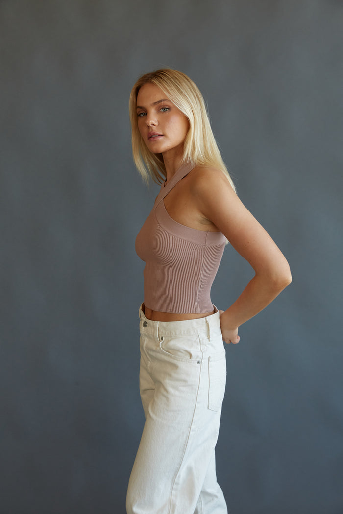 nude criss cross alter tank - beige ribbed knit crop top - aritzia dupe tank top