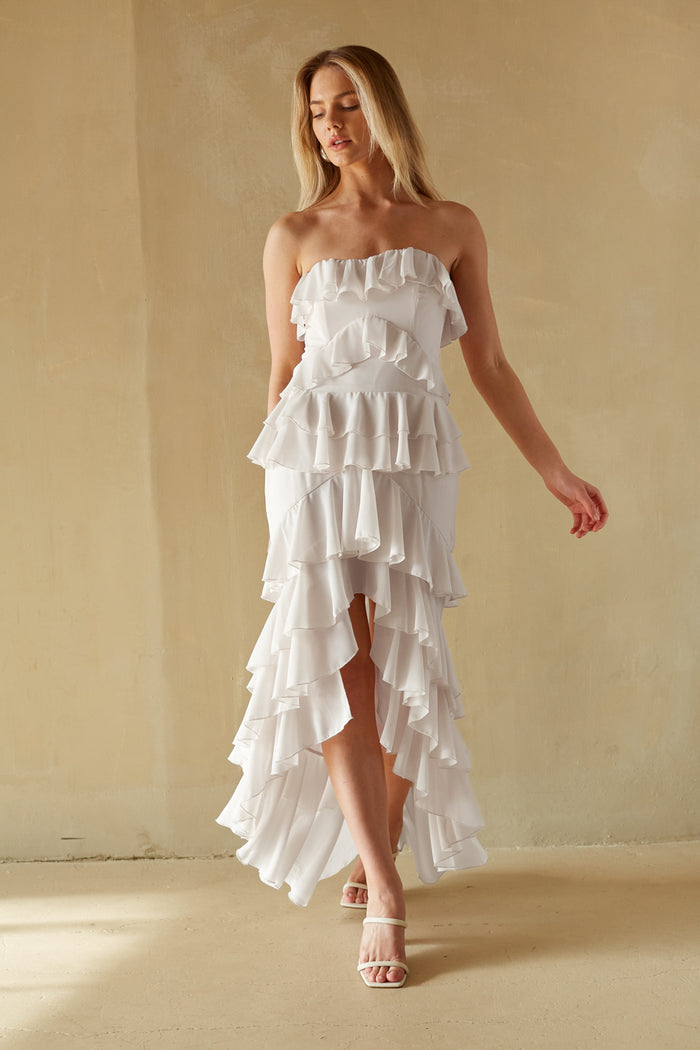 white-image | white high low ruffle maxi skirt with sweetheart neckline | romantic white formal dress boutique