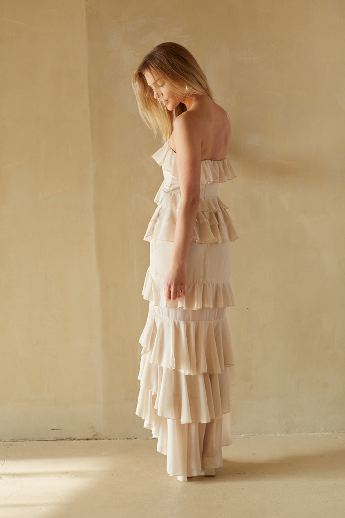 strapless ruffle maxi dress in ivory | off white bridal dresses for engagement party