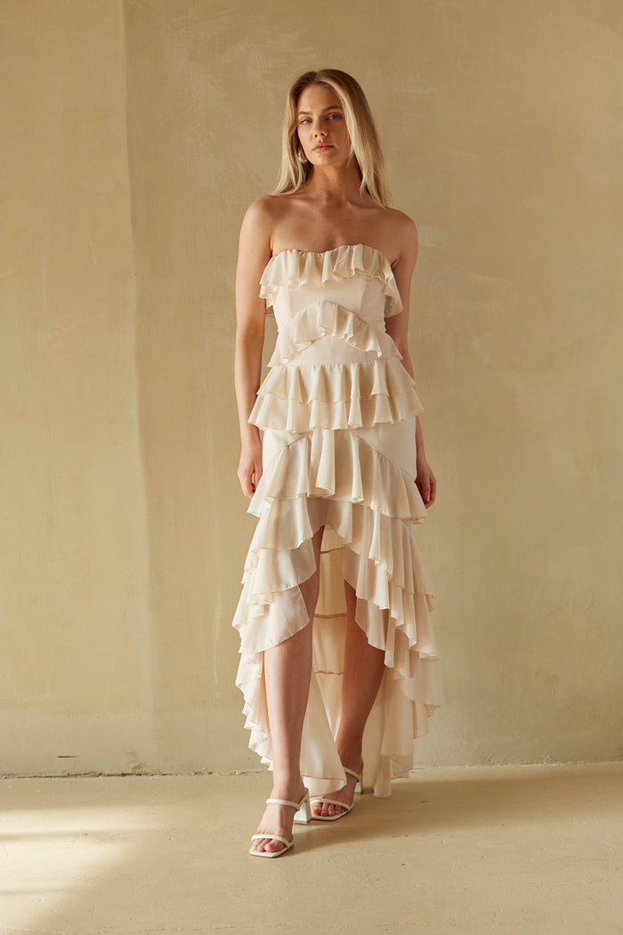 cream high low ruffle tiered strapless maxi dress | bridal shower dress boutique