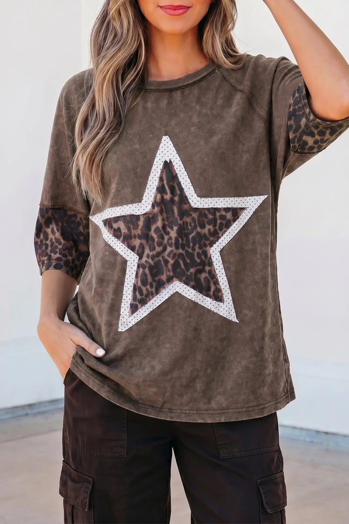 Coffee Mineral Wash Exposed Seam Leopard Star Patched T Shirt – Brown
