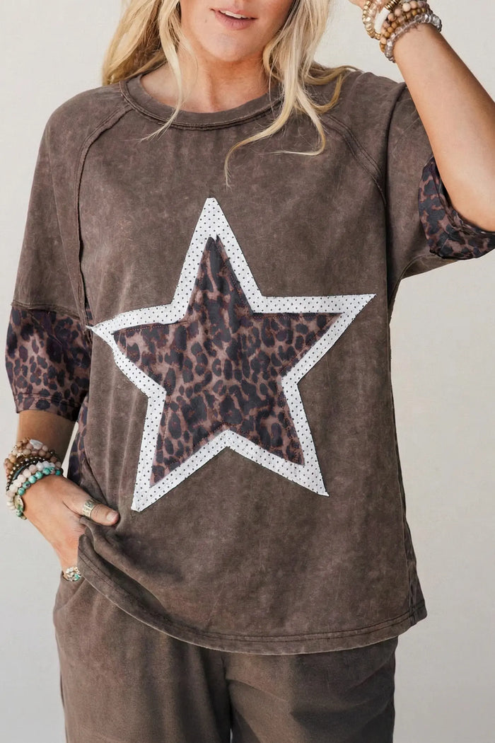 Coffee Mineral Wash Exposed Seam Leopard Star Patched T Shirt – Brown