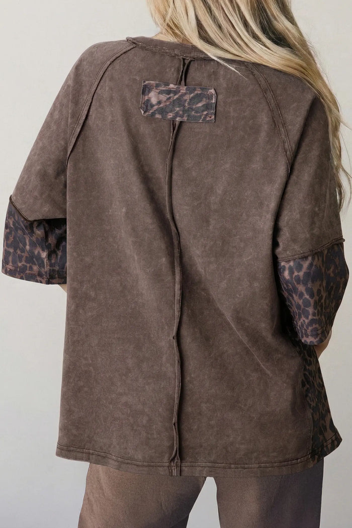 Coffee Mineral Wash Exposed Seam Leopard Star Patched T Shirt – Brown