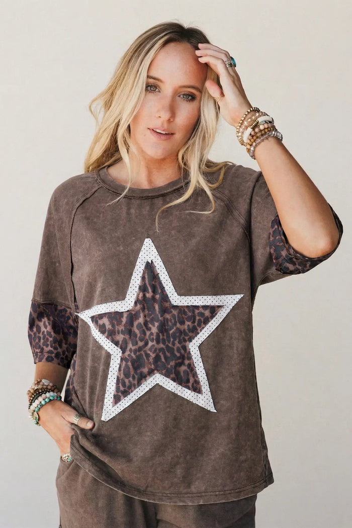 Coffee Mineral Wash Exposed Seam Leopard Star Patched T Shirt – Brown