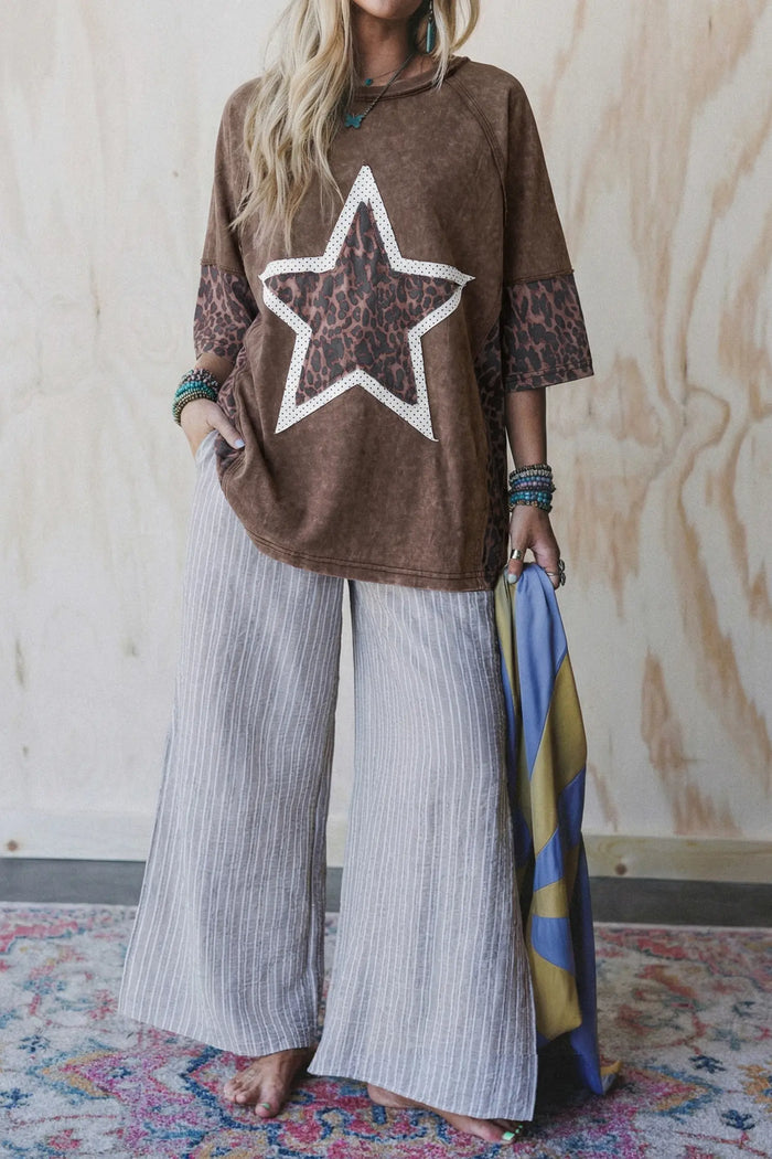 Coffee Mineral Wash Exposed Seam Leopard Star Patched T Shirt – Brown