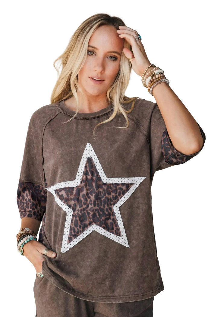 Coffee Mineral Wash Exposed Seam Leopard Star Patched T Shirt – Brown