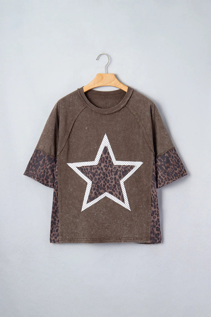 Coffee Mineral Wash Exposed Seam Leopard Star Patched T Shirt – Brown