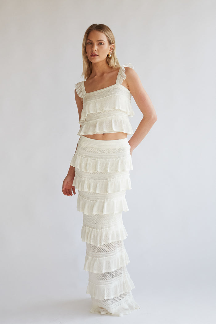 white-image | off white crochet knit tiered ruffle sleeveless crop top and maxi skirt set | unique coachella outfits