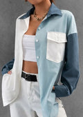 Color Block Button Front Shirt – Blue & White Long Sleeve Casual Oversized Women’s Blouse