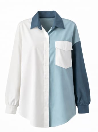 Color Block Button Front Shirt – Blue & White Long Sleeve Casual Oversized Women’s Blouse
