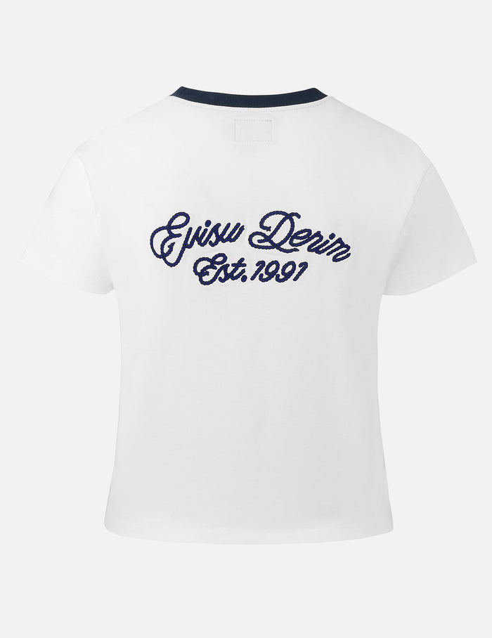Contrast 3D Seagull and Slogan Embroidery Slim Fit T-Shirt
