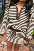 Contrast Trim Button Neck Long Sleeve Top Drawstring Mini Skirt Set – Brown Stripe