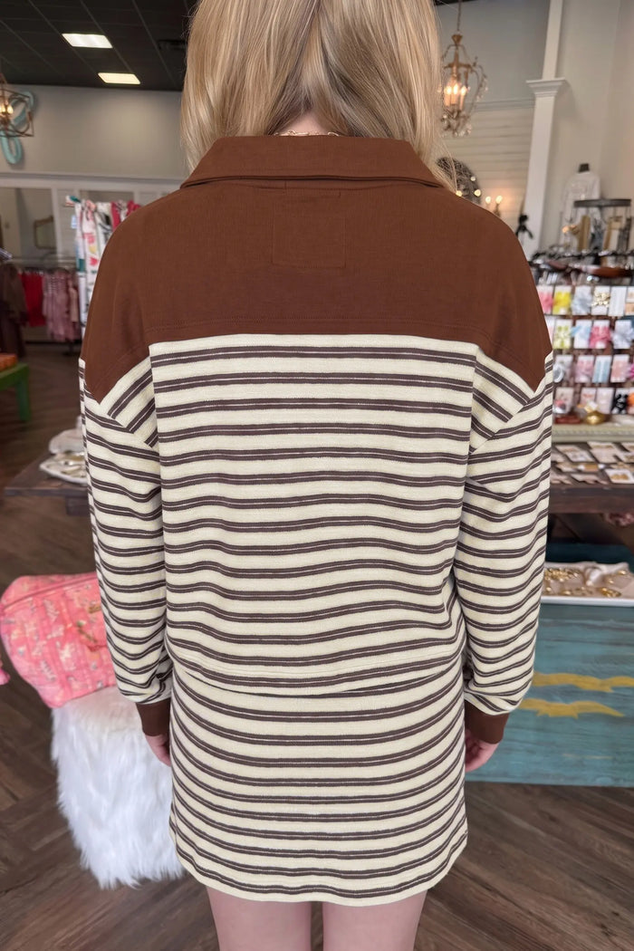 Contrast Trim Button Neck Long Sleeve Top Drawstring Mini Skirt Set – Brown Stripe