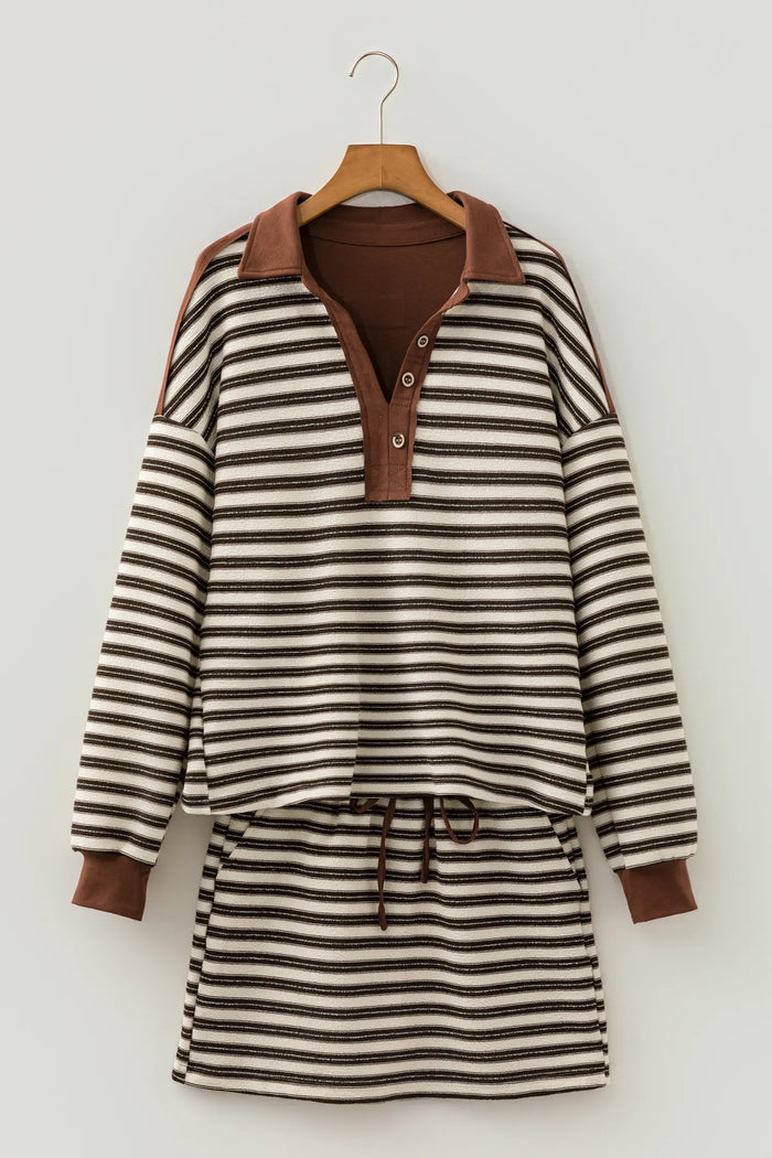 Contrast Trim Button Neck Long Sleeve Top Drawstring Mini Skirt Set – Brown Stripe