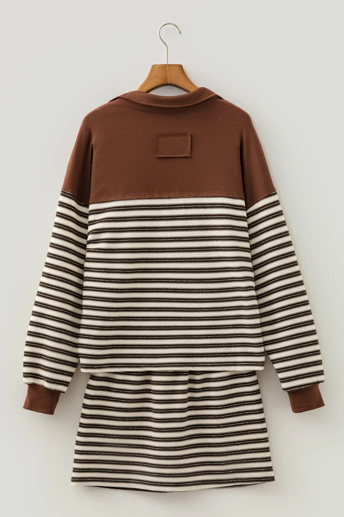 Contrast Trim Button Neck Long Sleeve Top Drawstring Mini Skirt Set – Brown Stripe