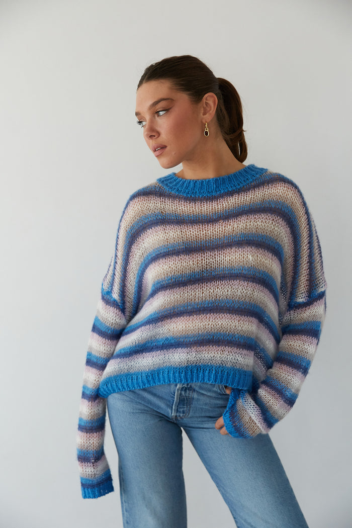blue and purple striped light weight knit cropped sweater