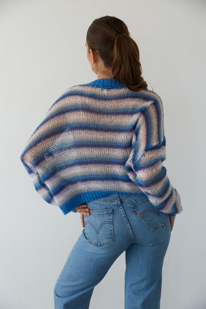 back view | blue and purple striped light weight knit cropped sweater
