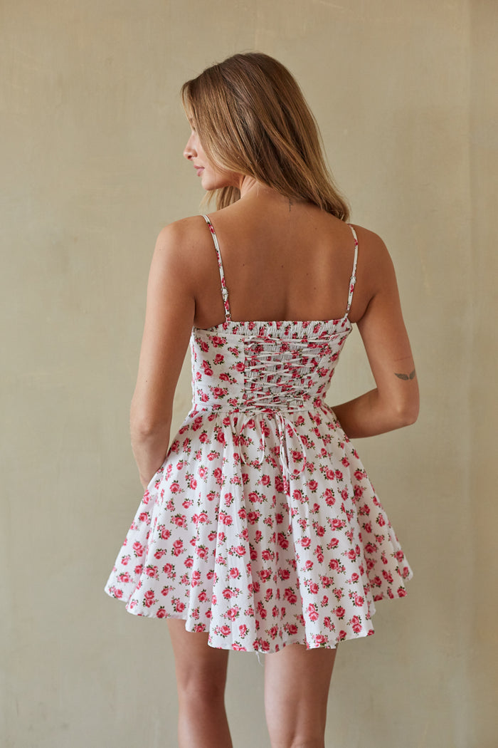 back-image | floral mini dress | breezy and effortless | back view highlighting the adjustable straps and open-back design of the dress.