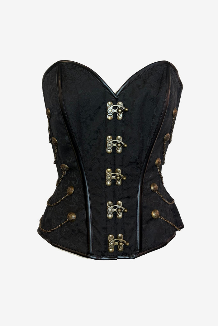 Corset Story Black Leather Paisley Print Corset with Chain and Locks