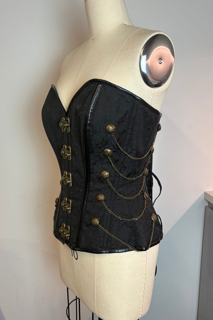 Corset Story Black Leather Paisley Print Corset with Chain and Locks