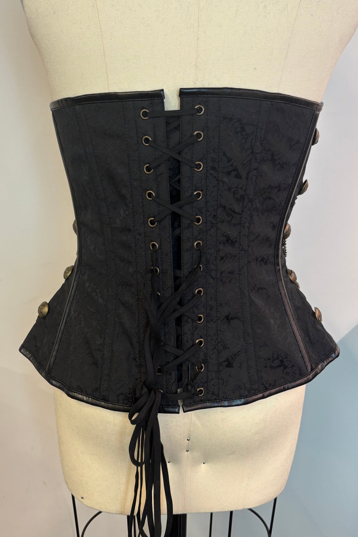 Corset Story Black Leather Paisley Print Corset with Chain and Locks