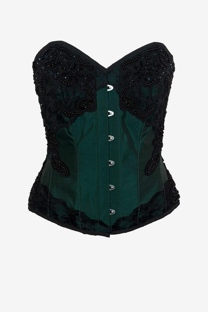 Corset Story Green Emerald Beaded Embroidery and Black Lace Corse