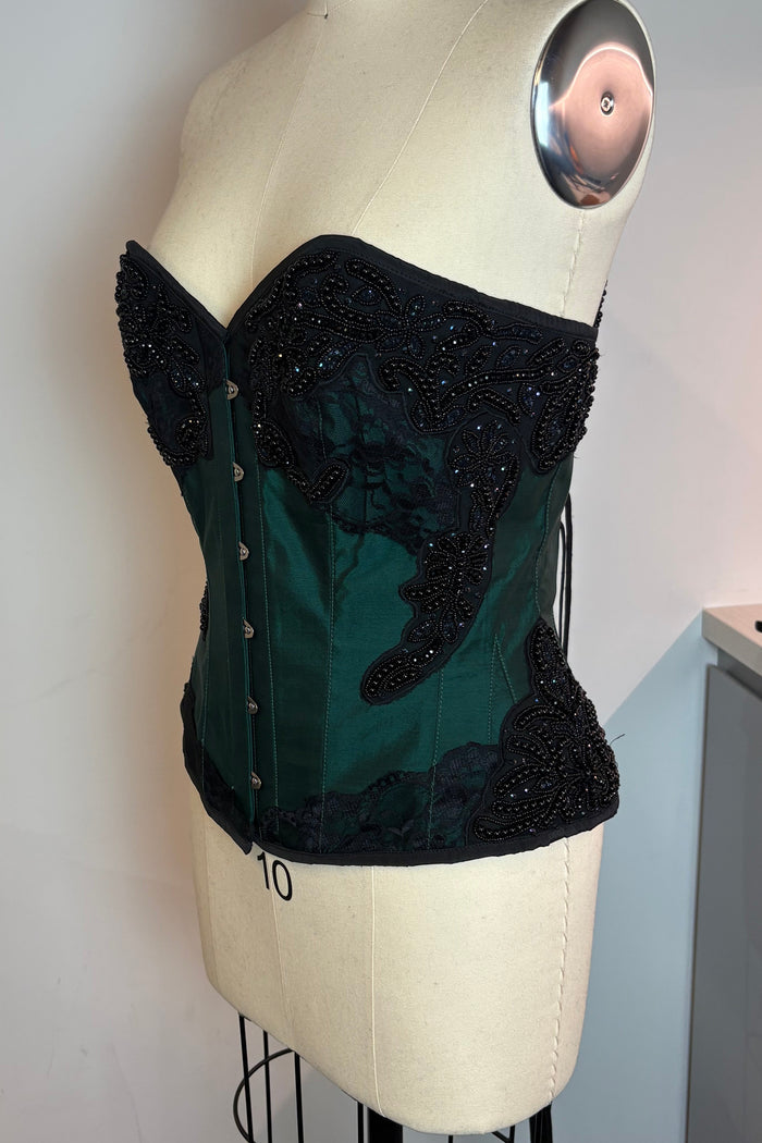 Corset Story Green Emerald Beaded Embroidery and Black Lace Corse