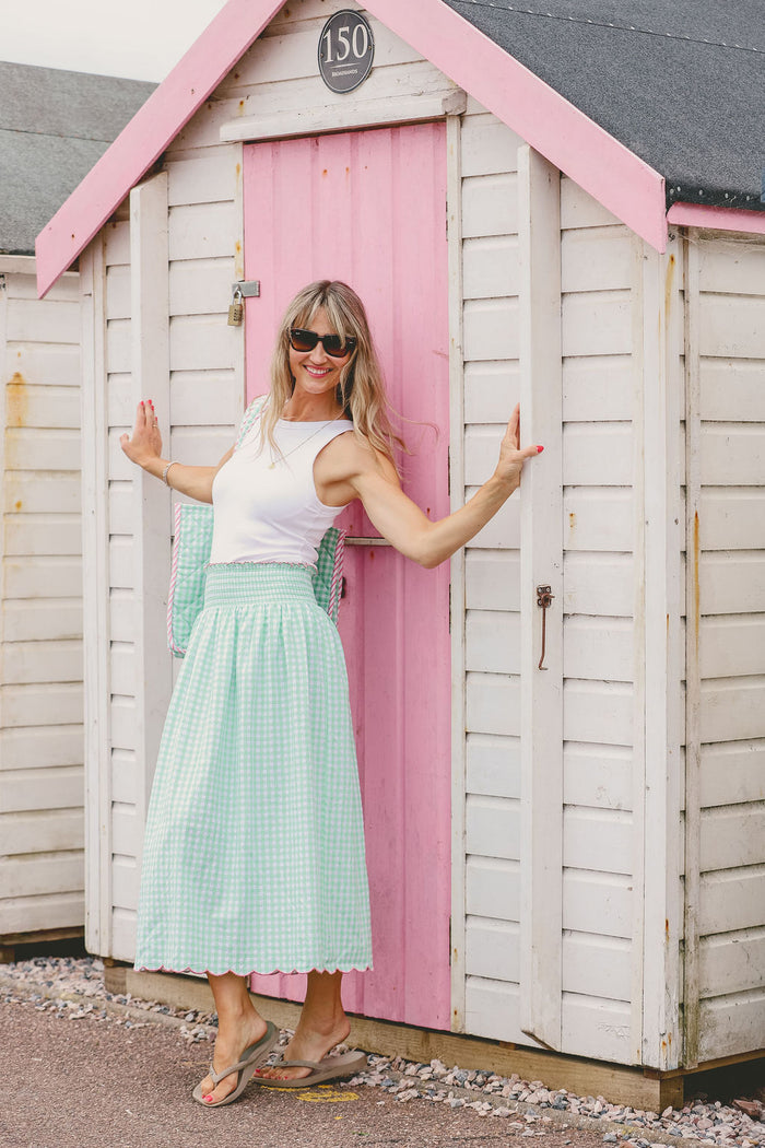 Cotton Gingham Skirt With Wide Elasticated Waist and Scalloped Hemline | Apple Green