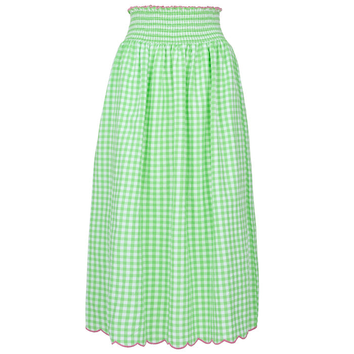 Cotton Gingham Skirt With Wide Elasticated Waist and Scalloped Hemline | Apple Green