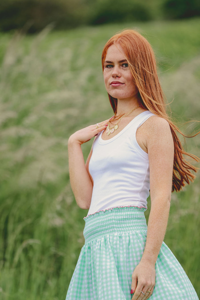 Cotton Gingham Skirt With Wide Elasticated Waist and Scalloped Hemline | Apple Green