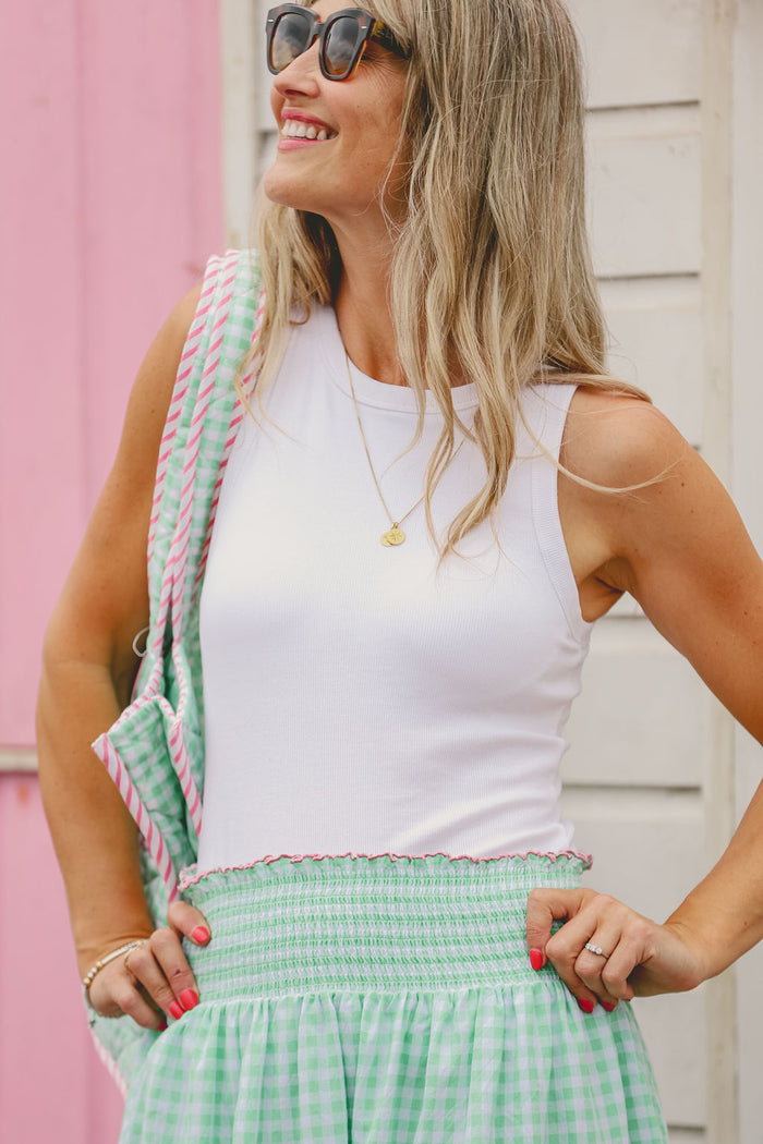 Cotton Gingham Skirt With Wide Elasticated Waist and Scalloped Hemline | Apple Green