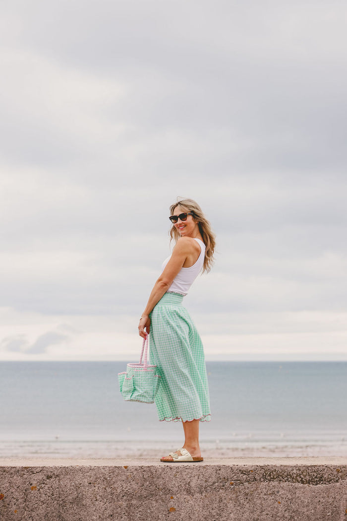 Cotton Gingham Skirt With Wide Elasticated Waist and Scalloped Hemline | Apple Green