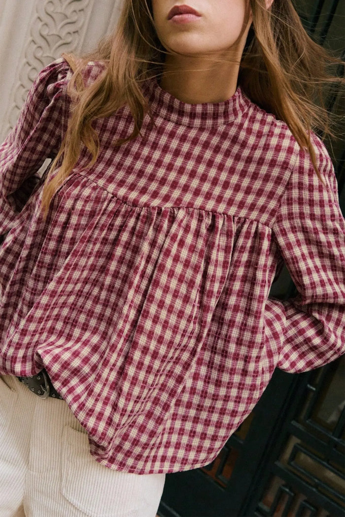 Country Plaid Long Sleeve Button Keyhole Pleated Loose Blouse – Coral