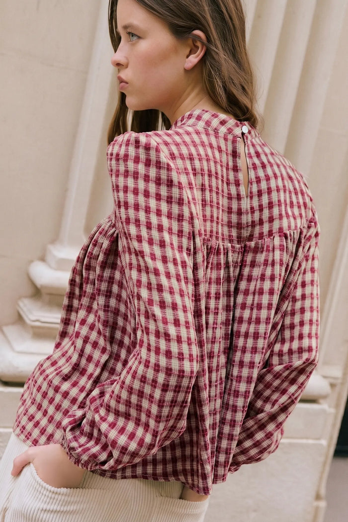 Country Plaid Long Sleeve Button Keyhole Pleated Loose Blouse – Coral