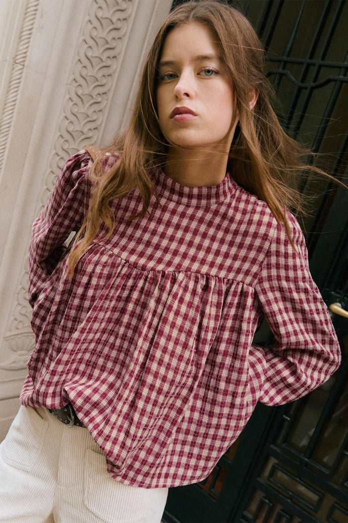 Country Plaid Long Sleeve Button Keyhole Pleated Loose Blouse – Coral