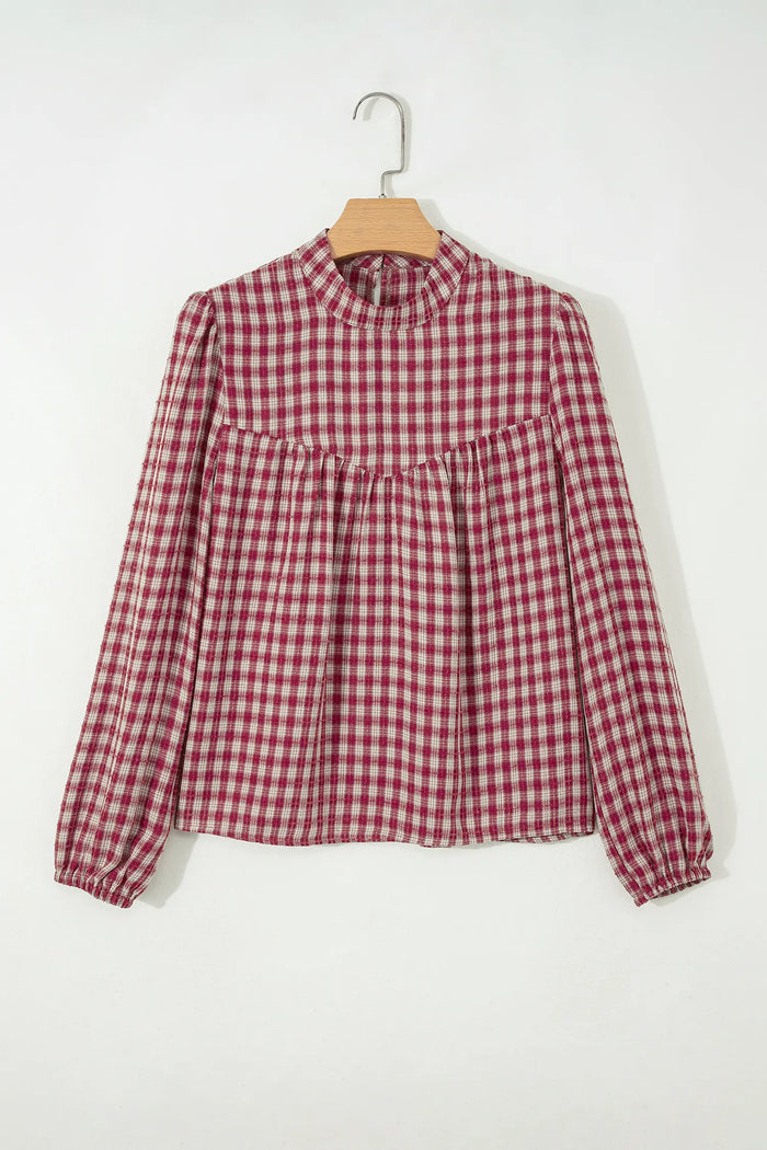 Country Plaid Long Sleeve Button Keyhole Pleated Loose Blouse – Coral