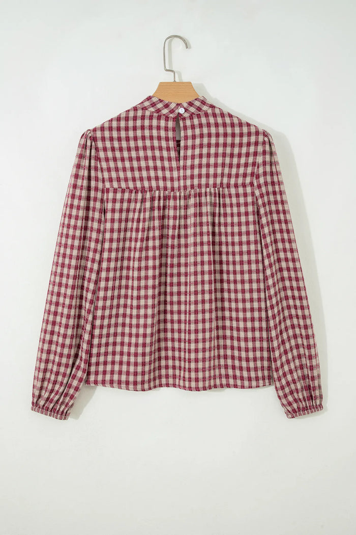 Country Plaid Long Sleeve Button Keyhole Pleated Loose Blouse – Coral