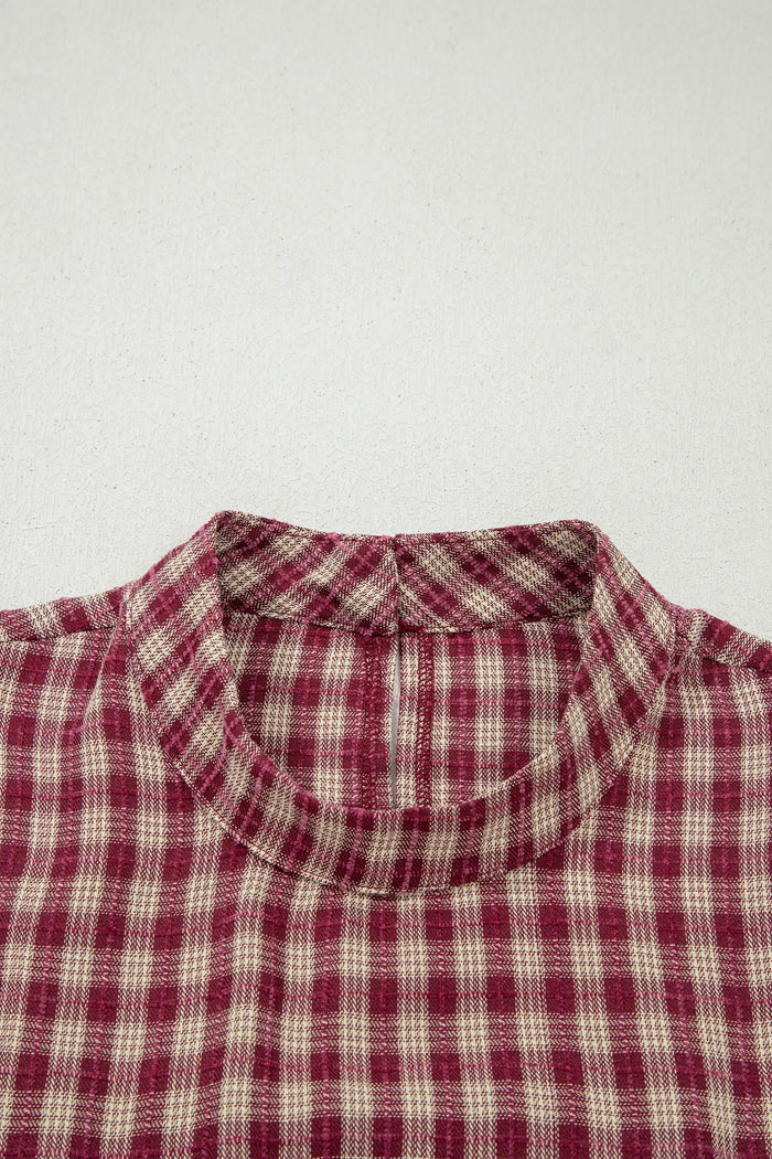 Country Plaid Long Sleeve Button Keyhole Pleated Loose Blouse – Coral
