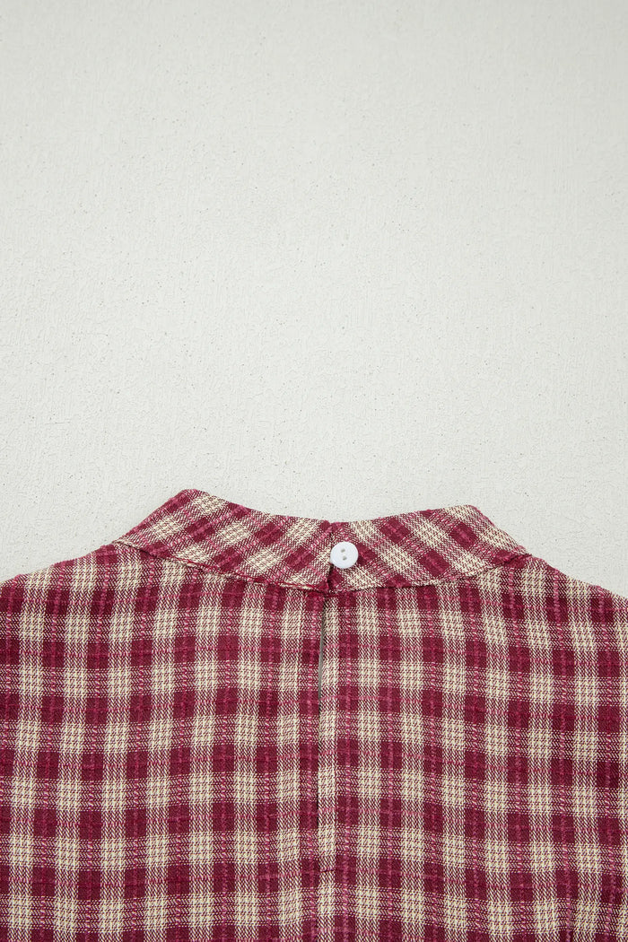Country Plaid Long Sleeve Button Keyhole Pleated Loose Blouse – Coral
