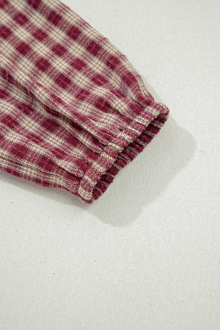 Country Plaid Long Sleeve Button Keyhole Pleated Loose Blouse – Coral
