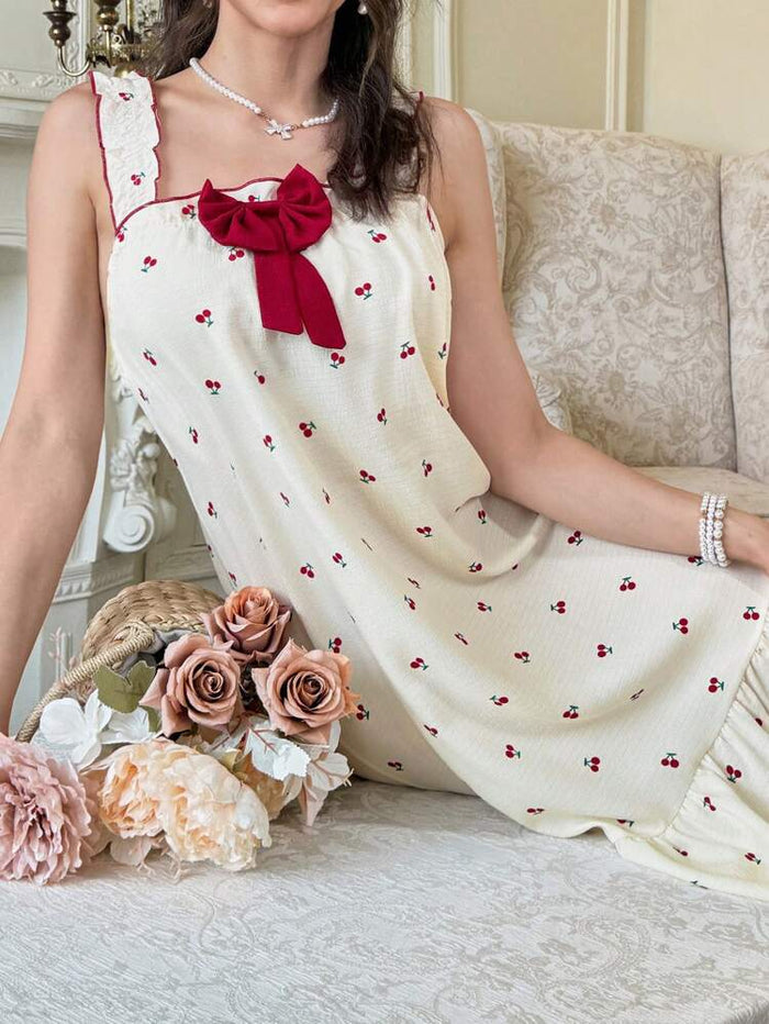 Cream Cherry Print Bow Detail Maxi Dress – Sleeveless Romantic Lounge Dress for Women