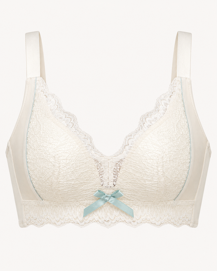 Cream Lace Push Up Wireless Bra for Women – Deep V Comfort Bra – Soft Support – Shein Style Elegant Lingerie