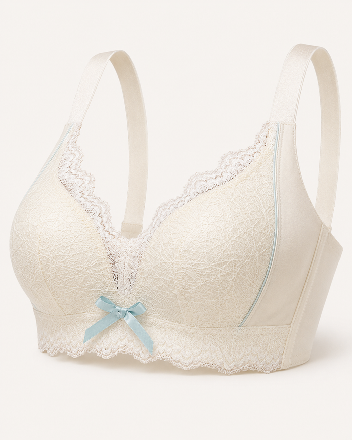 Cream Lace Push Up Wireless Bra for Women – Deep V Comfort Bra – Soft Support – Shein Style Elegant Lingerie